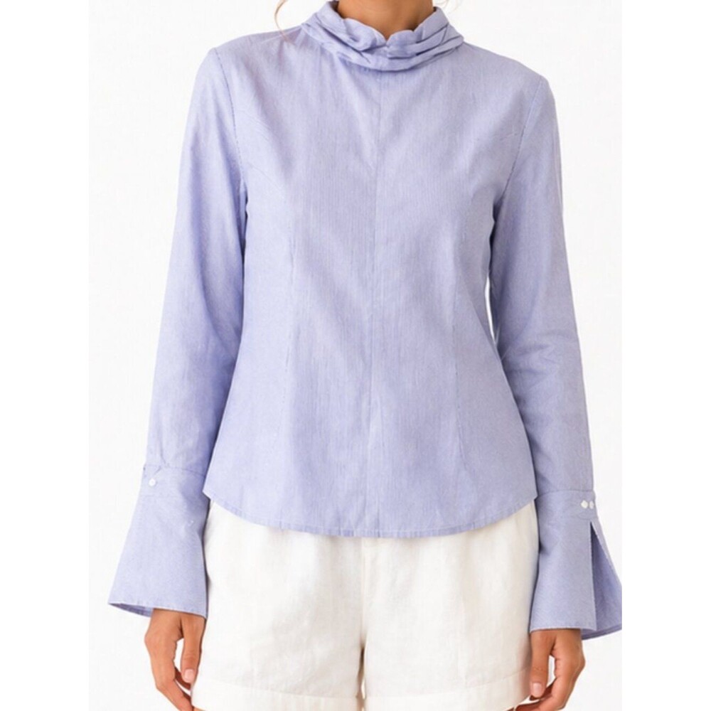 Banana Republic Blue Stripe High Neck Blouse Size 6 NWT Cotton Spandex Flare Cuf